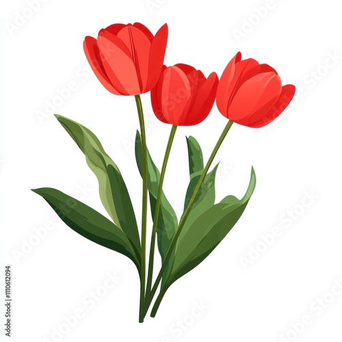 Three vibrant red tulips with lush green leaves, isolated on white background.