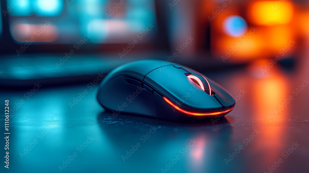 Modern wireless gaming mouse with led lights sits on a desk, ready for action, with a laptop in the background Modern wireless gaming mouse with led lights sits on a desk, ready for action, with a laptop in the background