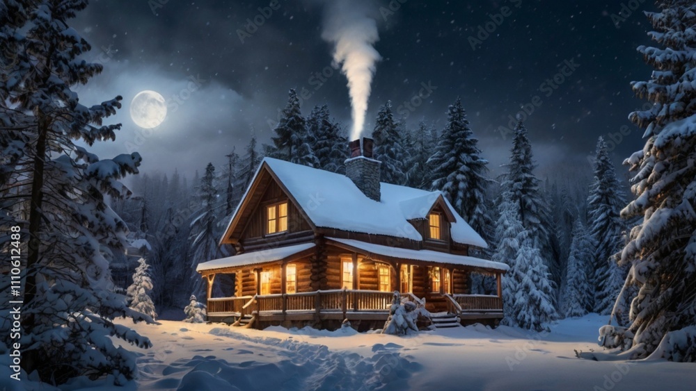 A serene snowy forest on Christmas Eve, with a glowing cabin in the distance and moonlight illuminating the scene. A serene snowy forest on Christmas Eve, with a glowing cabin in the distance and moonlight illuminating the scene.