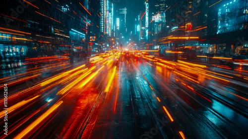 Streaks of yellow and red illuminate slick streets as vehicles move swiftly, creating a lively nightlife ambiance in the city