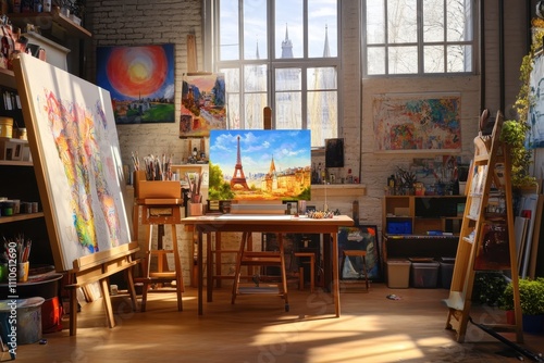 Creative workspace with artwork and a view of the Eiffel Tower in a bright studio