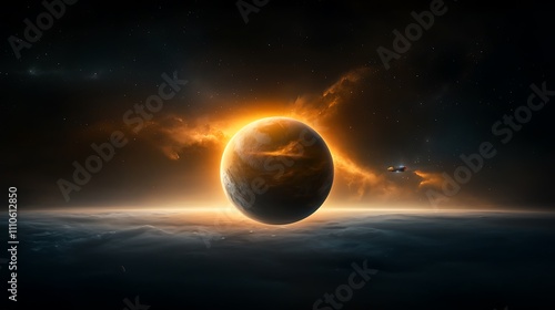 A distant starship navigating through the quiet vastness of space, approaching a gigantic detailed Earth-like planet surrounded by glowing auroras, subtle cosmic lighting, 8K resolution with 
