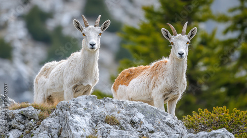 Two pyrenean chamois are standing on rocks in their natural mountain habitat, observing the surroundings photo