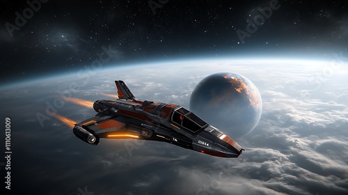 Wallpaper Mural An interstellar ship speeding through the dark expanse of space, its metallic surface reflecting soft cosmic light, the view of a breathtaking Earth-like planet with swirling atmospheric details  Torontodigital.ca