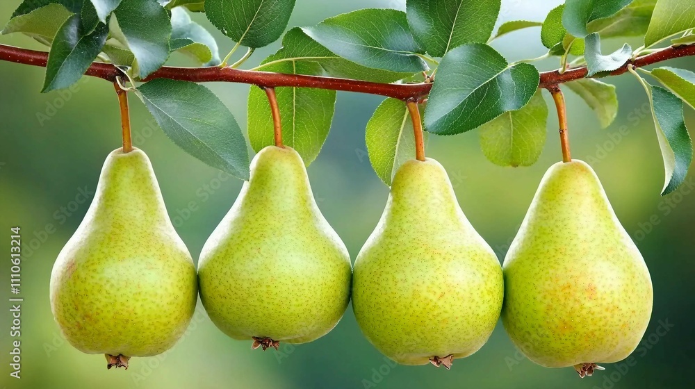 Fresh Green Pears Hanging on Tree Branch in Natural Setting Fresh Green Pears Hanging on Tree Branch in Natural Setting