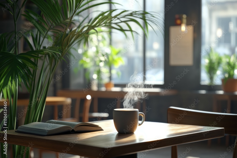 A modern, cozy cafe with warm, ambient lighting, wooden furniture, and minimalist design with cup of coffee A modern, cozy cafe with warm, ambient lighting, wooden furniture, and minimalist design with cup of coffee