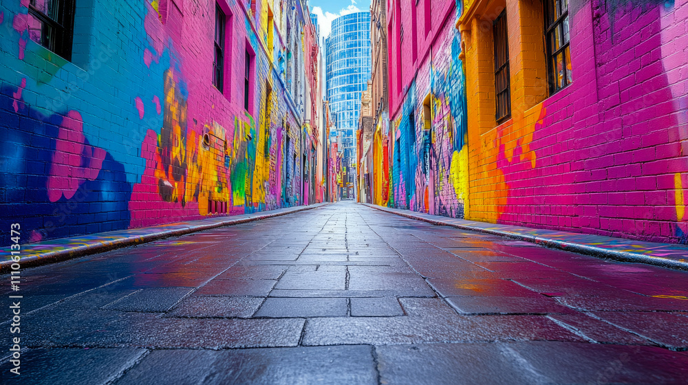 Naklejka premium Vibrant murals cover both sides of a narrow alley, showcasing artistic expression and color against a clear blue sky in a bustling city