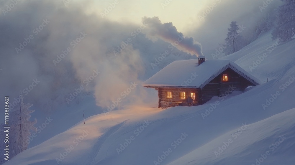 A charming snow-covered ski chalet with smoke curling from its chimney, creating a warm winter atmosphere A charming snow-covered ski chalet with smoke curling from its chimney, creating a warm winter atmosphere