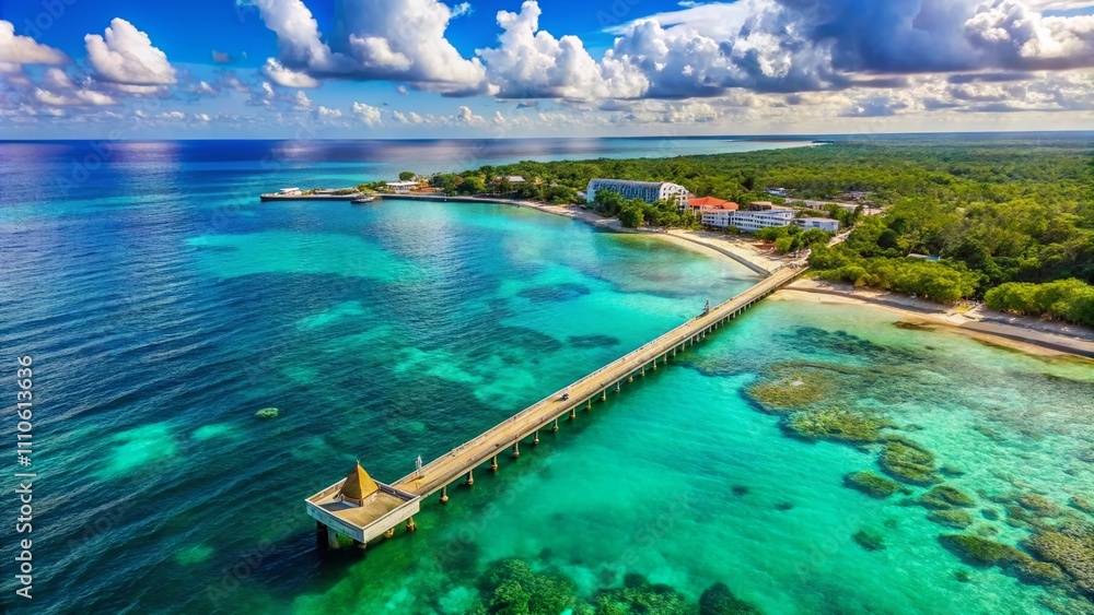 Obraz premium Aerial View of the Long Pier in Cozumel, Mexico, Surrounded by Crystal Clear Waters and Lush Greenery, Showcasing the Beauty of Tropical Island Destinations and Coastal Landscapes