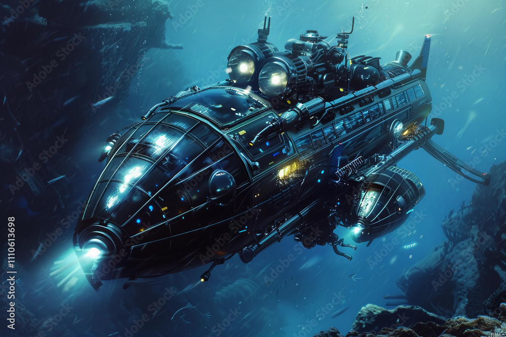 Beautiful large bathyscaphe floating in middle of ocean during exploration Beautiful large bathyscaphe floating in middle of ocean during exploration