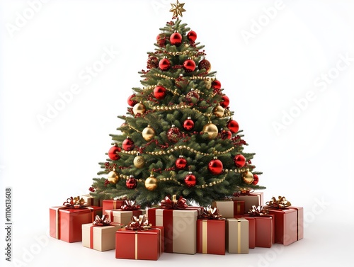 Beautifully decorated Christmas tree on white background