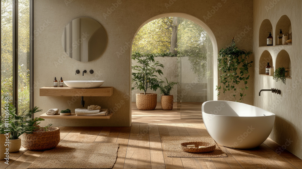 Spacious bathroom combines a freestanding tub, wooden accents, and greenery, creating a tranquil and inviting atmosphere in natural light Spacious bathroom combines a freestanding tub, wooden accents, and greenery, creating a tranquil and inviting atmosphere in natural light