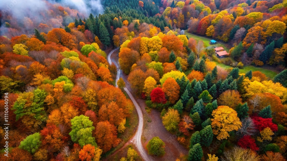 Aerial View of Wet Footpath Through Autumn Forest in Serbia, Showcasing Fallen Leaves and Camping Area at Grza on a Rainy Day Aerial View of Wet Footpath Through Autumn Forest in Serbia, Showcasing Fallen Leaves and Camping Area at Grza on a Rainy Day