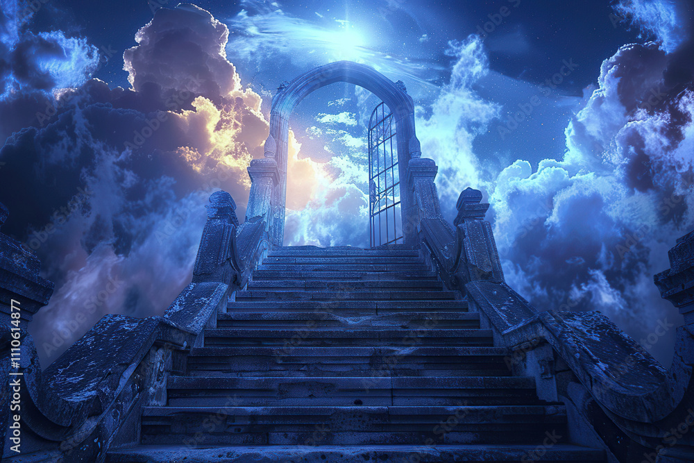 Fototapeta premium Fantastically staircase leading to cloudy deep sky at natural light