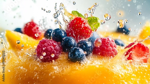 Vibrant fruit smoothie bursting with colorful liquid drops and swirling fruit chunks against a clean minimalist white background  Healthy refreshing and full of natural vitamins and antioxidants photo