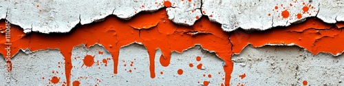 Close-up of a weathered wall showcasing cracked paint and vibrant orange drips. photo