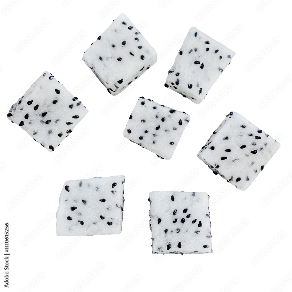 Dragon fruits or Pitahaya cubes in the air isolated on a white background. Top view. Flat lay. DragonFruit Pattern. Package design element Dragon fruits or Pitahaya cubes in the air isolated on a white background. Top view. Flat lay. DragonFruit Pattern. Package design element