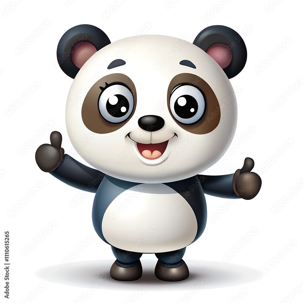 Fototapeta premium Cartoon little kawaii panda with a raised finger up on a white background