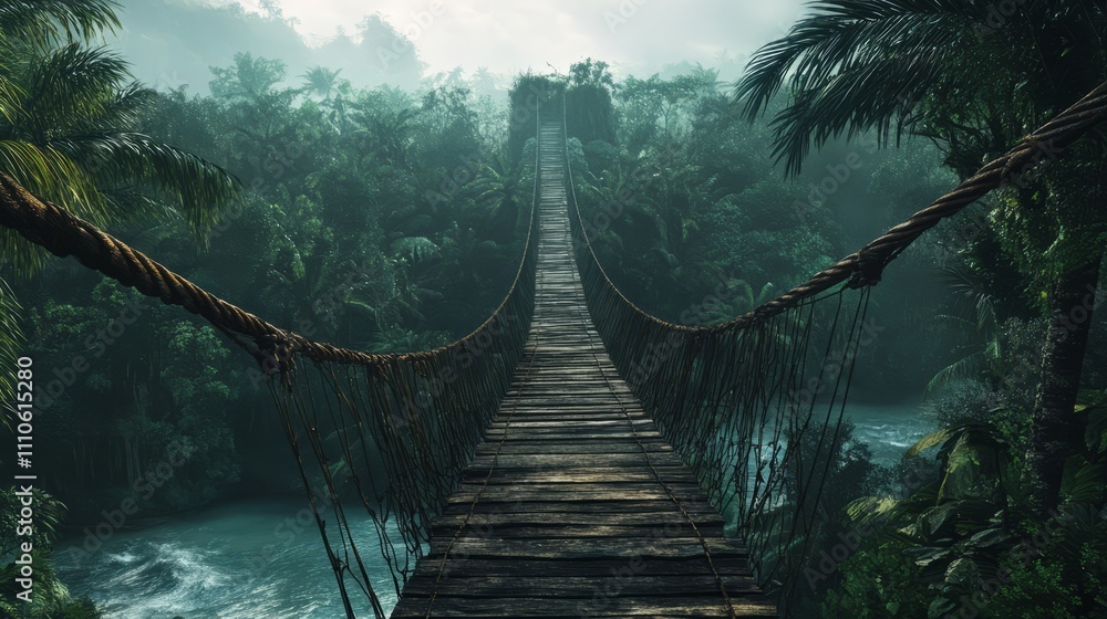 Fototapeta premium A narrow, shaky wooden bridge suspended high above a river in the middle of a dense jungle