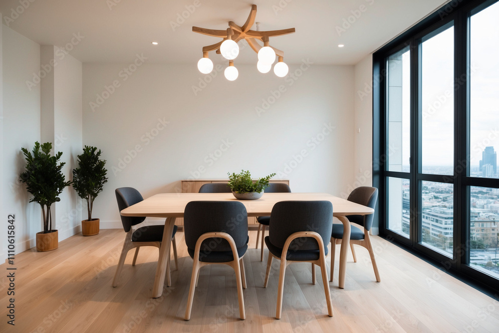 White dining room interior with wooden floor. White dining room interior with wooden floor.