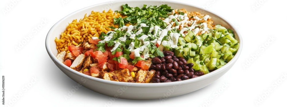 A Tex-Mex chicken burrito bowl with cilantro lime rice and black beans, isolated white background, hyperrealism art style A Tex-Mex chicken burrito bowl with cilantro lime rice and black beans, isolated white background, hyperrealism art style