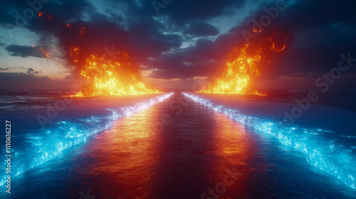 Bright flames rise from the ocean's surface while glowing blue water reflects the fiery display during a stunning sunset over the horizon