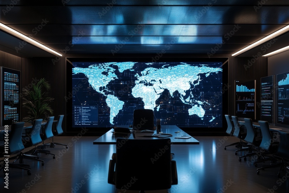 A modern digital world map displayed on a large screen in a tech-filled office. A modern digital world map displayed on a large screen in a tech-filled office.