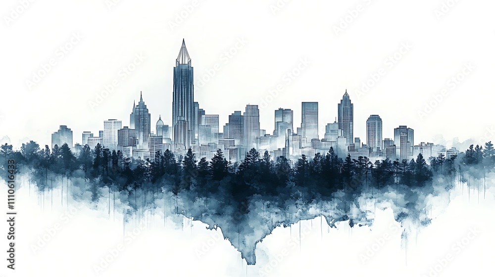 Fototapeta premium City skyline emerging from a misty forest, watercolor style.
