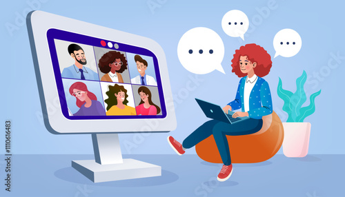 A woman participates in an online meeting or virtual class on a large screen, representing digital communication, e-learning, and remote teamwork.