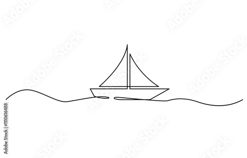 Sailboat continuous one line icon drawing on white background, Simple illustration of a sailboat in the sea drawn with a continuous black line on a white background, minimalist design.