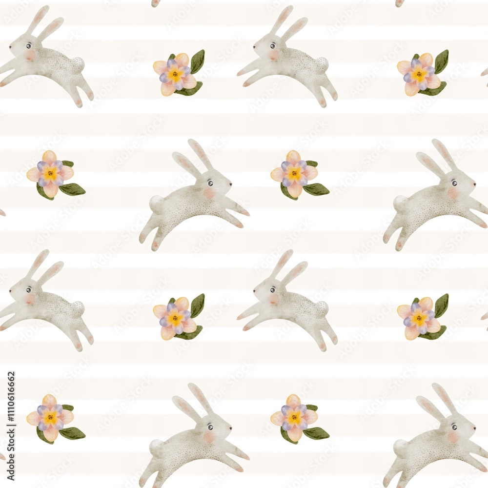Fototapeta premium Beautiful watercolor pattern with rabbits and flowers for Easter celebrations