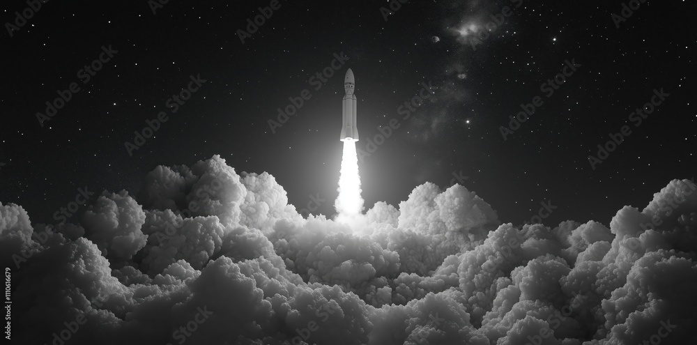 Black and white illustration of a rocket launch Black and white illustration of a rocket launch