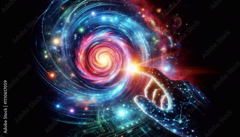 Hand interacting with a glowing, swirling galaxy-like vortex, symbolizing cosmic creation and futuristic technology Hand interacting with a glowing, swirling galaxy-like vortex, symbolizing cosmic creation and futuristic technology