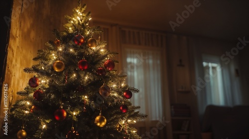 Traditional Christmas Tree Display with Red and Gold Decor Near Window