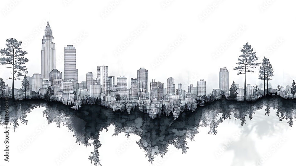 Obraz premium Cityscape skyline with trees and water reflection.