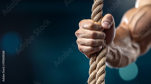 A strong hand grips a rope, showcasing muscle definition and strength against a blurred, dark background.