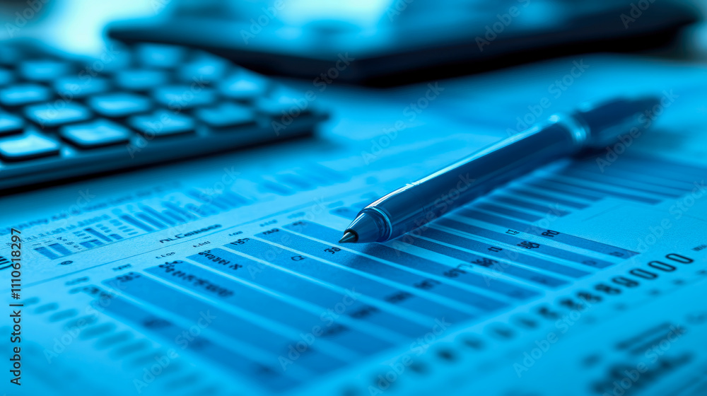 Graphs and figures are analyzed on paper while a calculator and pen are nearby. A calm blue lighting sets a focused mood for work Graphs and figures are analyzed on paper while a calculator and pen are nearby. A calm blue lighting sets a focused mood for work