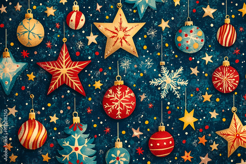 Vintage Christmas pattern in the form of stars, snowflakes and Christmas tree decorations on a blue background