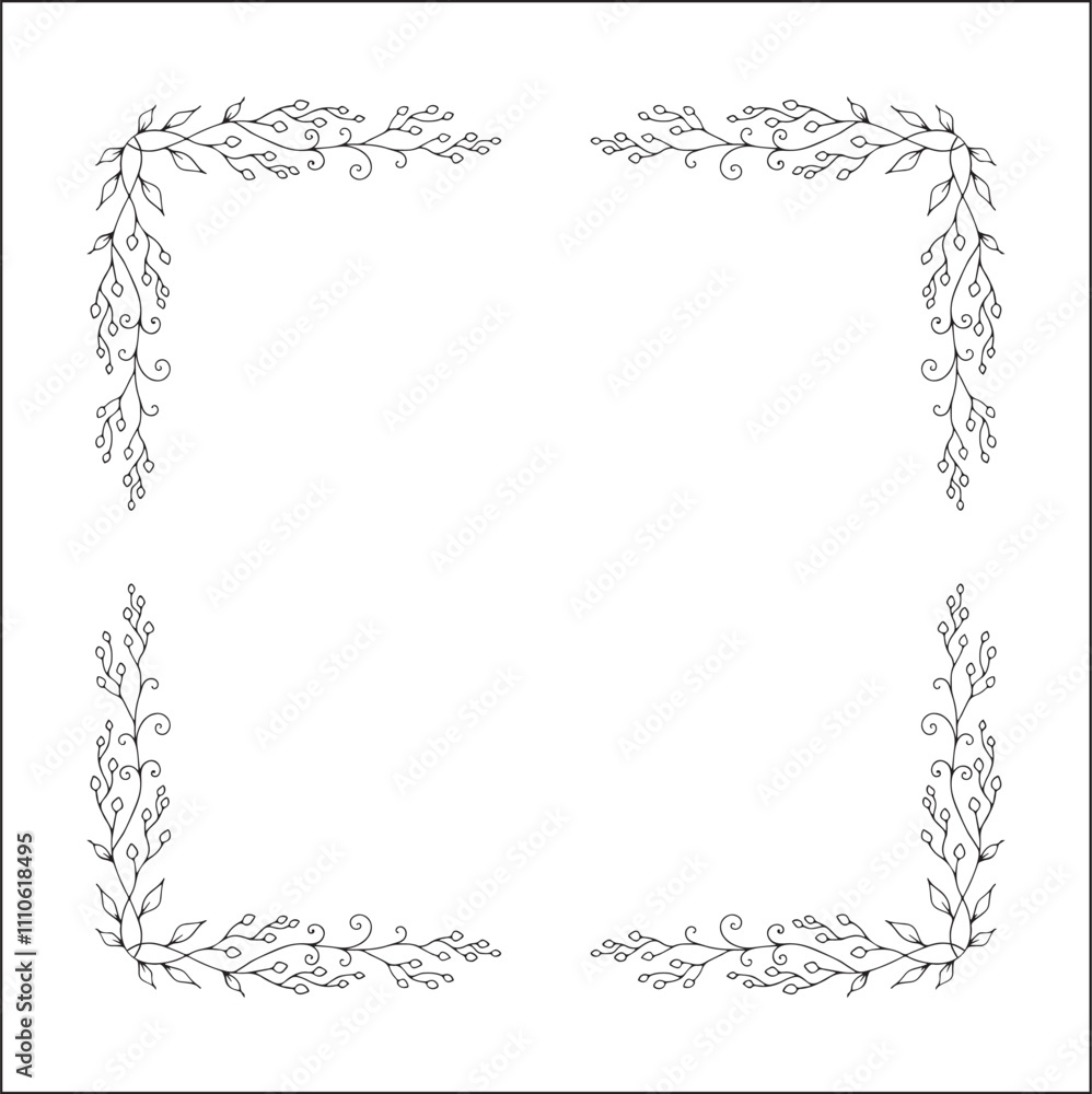 Vegetal floral frame with leaves and flowers, decorative corners for greeting cards, banners, business cards, invitations, menus. Isolated vector illustration.
Vegetal floral frame with leaves and flowers, decorative corners for greeting cards, banners, business cards, invitations, menus. Isolated vector illustration.