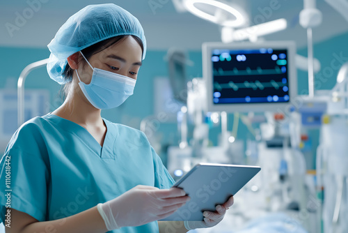 Nurse in a surgical mask and scrubs uses a tablet to monitor patient data in a high-tech hospital setting