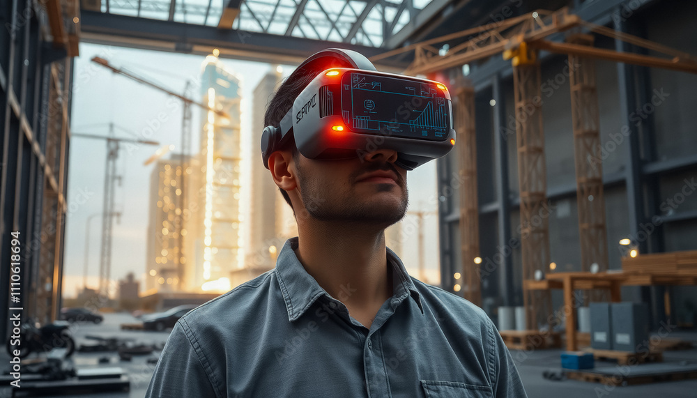 A construction engineer wearing a VR headset, working with a holographic building design in a high-tech workspace. A construction engineer wearing a VR headset, working with a holographic building design in a high-tech workspace.