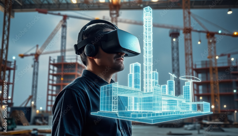 A construction engineer wearing a VR headset, working with a holographic building design in a high-tech workspace. A construction engineer wearing a VR headset, working with a holographic building design in a high-tech workspace.