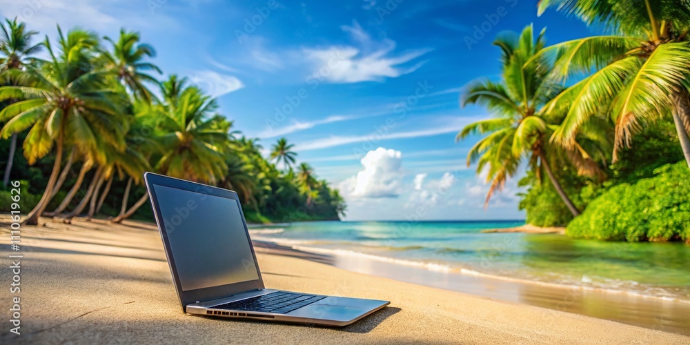 A Tranquil Scene of a Laptop Resting on a Sandy Beach Beneath a Coconut Tree, Perfect for Remote Work and Relaxation Amidst Tropical Vibes