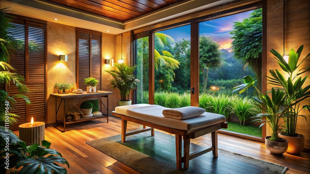 A Tranquil Spa Room with Soft Lighting and Calming Decor, Perfectly Designed for Relaxation and Rejuvenation Featuring a Massage Table and Serene Atmosphere A Tranquil Spa Room with Soft Lighting and Calming Decor, Perfectly Designed for Relaxation and Rejuvenation Featuring a Massage Table and Serene Atmosphere