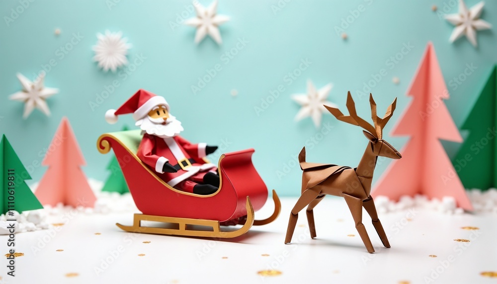 Fototapeta premium Festive Origami Santa and Reindeer Scene with Paper Christmas Trees