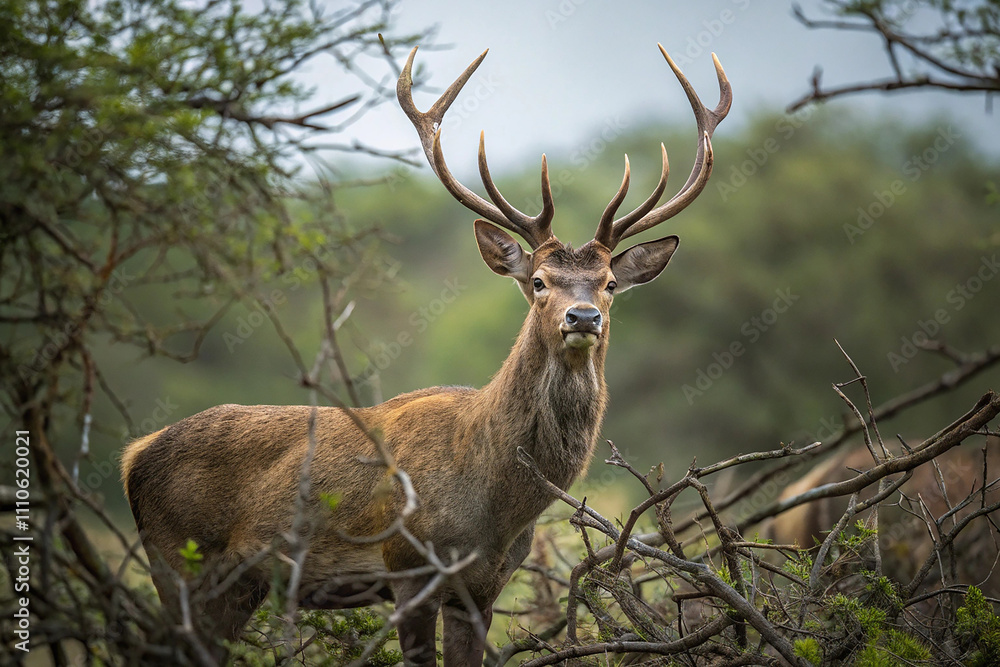 A deer with large antlers standing amidst a dense thicket of branches and trees A deer with large antlers standing amidst a dense thicket of branches and trees
