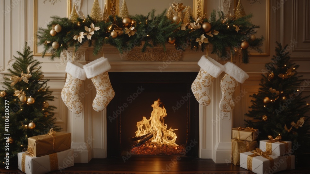 Fototapeta premium Christmas Decorated Fireplace With Stocking and Presents