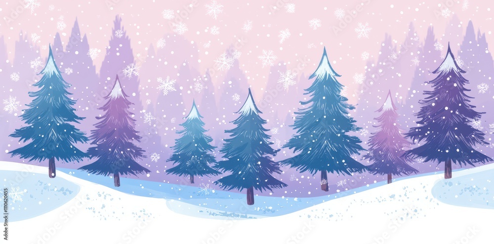 Obraz premium A Serene Winter Wonderland With Snow Falling on a Forest of Tall Pine Trees in a Purple and Pink Sky