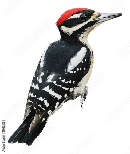 Red-headed woodpecker with bold markings, cut out - stock png. photo