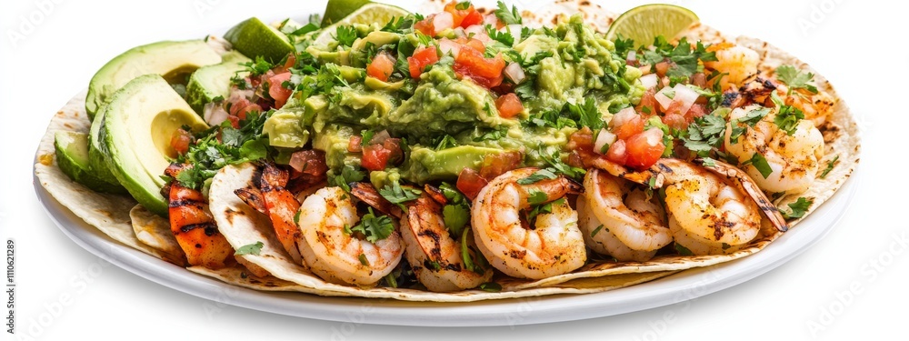 A Tex-Mex shrimp taco platter with salsa verde and avocado, isolated white background, hyperrealism art style A Tex-Mex shrimp taco platter with salsa verde and avocado, isolated white background, hyperrealism art style